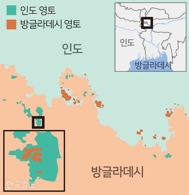 인도와 방글라데시 국경 인근 월경지 분포. 초록색이 인도 영토, 오렌지색은 방글라데시 영토다. 그래픽=송정근 기자