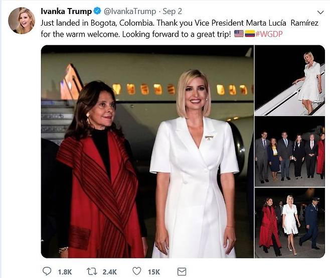 이방카는 자신의 트위터에 남미 순방 소식을 자세히 올리고 있다. 첫 방문지인 콜롬비아에 도착해 "마르타 루시아 라미레스 부통령께 감사드린다. 멋진 여행을 기대해한다"는 소감을 올린 이방카 트위터. [이방카 트위터]