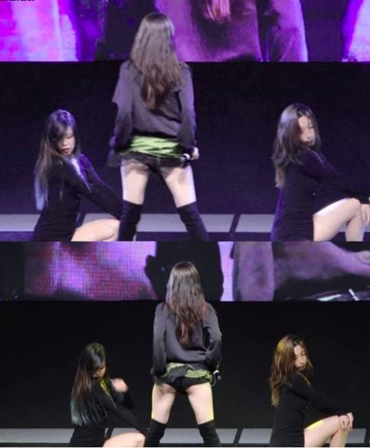 ▲ 19일 한국항공대학교 행사에서 엉덩이를 노출하는 퍼포먼스를 선보인 현아. 출처| 온라인 커뮤니티