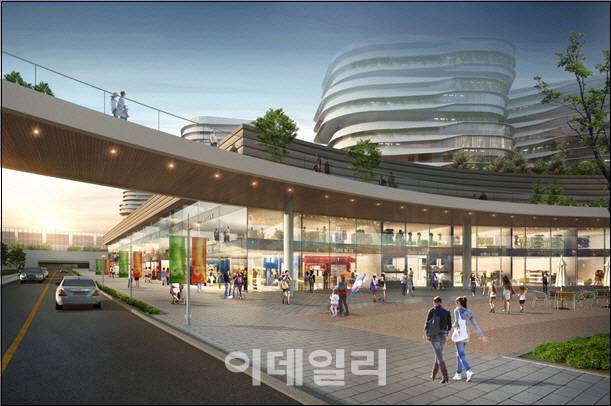 신내3지구?인공대지?신내역을 연결하는 입체보행로 및 복합업무시설이 조성된 가로환경 상상도