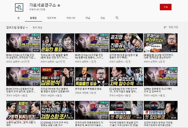 한 전문가의 분석에 따르면 조국 국면에서 보수채널의 누적 총 뷰수는 5억5000만회에 이른다. 사진은 조국 법무부 장관 관련 의혹을 집중제기하고 있는 가로세로연구소 채널. / 유튜브 캡처