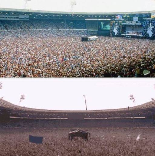 7만5000여명이 모인 1985년 전설적인 영국 록그룹 퀸의 ’라이브 에이드’&nbsp;콘서트 런던 웸블리 스타디움을 담은 사진. 온라인 커뮤니티 캡처
