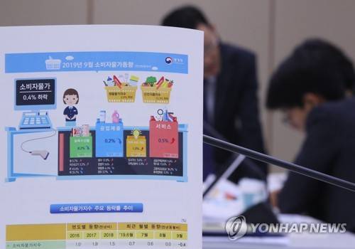 사상 첫 공식 마이너스 물가…9월 소비자물가 0.4% 하락 (세종=연합뉴스) 진성철 기자 = 공식 소비자물가 상승률이 사상 처음 마이너스로 집계됐다. 1일 통계청의 '소비자물가 동향'에 따르면 9월 소비자물가지수는 105.2(2015년=100)로 1년 전보다 0.4% 하락했다.      1일 세종시 정부세종청사 기획재정부에서 열린 '9월 소비자물가동향' 브리핑에서 통계청 물가동향과 직원들이 취재진의 질문에 답하고 있다.   zjin@yna.co.kr