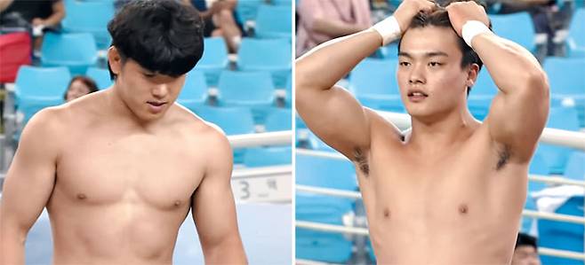 조회수 180만회를 기록한 유튜브 씨름 경기 영상 속 김원진 선수와 황찬섭(오른쪽) 선수. 황 선수는 “소셜미디어 계정 팔로어가 17배 늘었다”며 “선물과 응원 메시지가 많이 온다”고 했다. / 유튜브 캡처