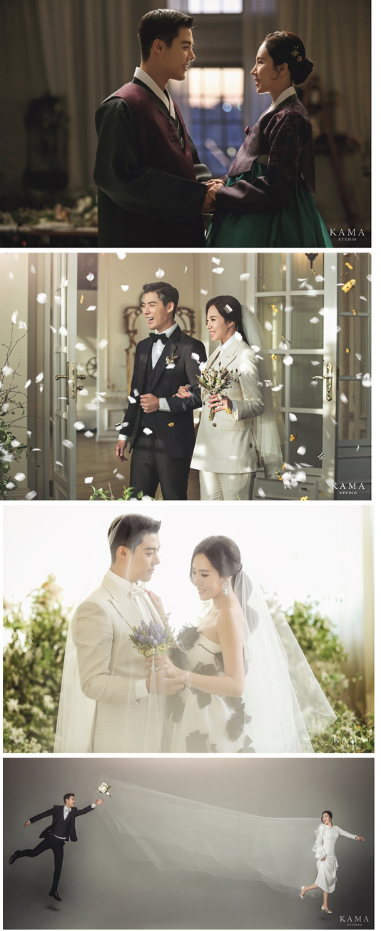 강남과 이상화의 웨딩화보./카마스튜디오,헤리티크뉴욕,로드앤테일러,하우스오브린,WOOSUN,엘리제 제공