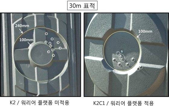 일반 소총과 워리어 플랫폼 적용 소총 50m 표적 사격 비교. 영상캡처=공성룡 기자