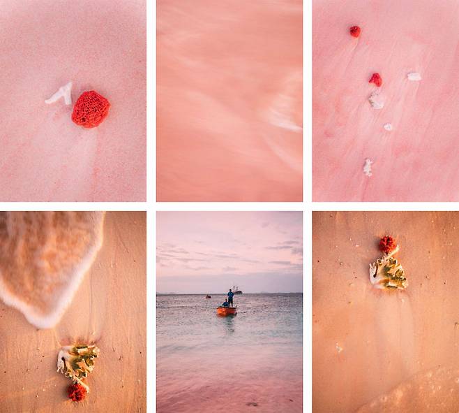 해변이 분홍빛인 이유는 모래와, 빨간 산호 알갱이가 섞여 있기 때문이다. 부셔진 산호 알갱이는 상당히 날카롭기 때문에 신발을 필히 신어야 한다. 앞바다는 산호지역이며, 스노클링 스폿으로도 유명하다. 해 질 무렵에는 해변이 더욱 붉어진다. 눈 시리게 아름다운 풍경이지만, 마음이 마냥 편하지만은 않다. 파도를 타고 밀려오는 플라스틱 쓰레기가 종종 보인다. 인간의 발길이 많이 닿지 않은 외딴 섬조차 플라스틱으로 죽어 가고 있다는 것이 현실이다