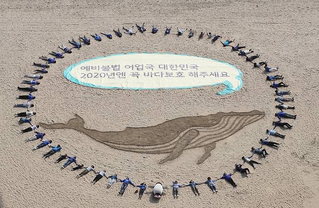 29일 부산 해운대해수욕장에서 국제 환경단체 그린피스 회원과 시민 100여 명이 불법 어업 국가가 아닌 자랑스러운 해양 강대국이 되어 달라\'는 메시지를 전달하는 샌드아트 행위극을 하고 있다. 부산/백소아 기자