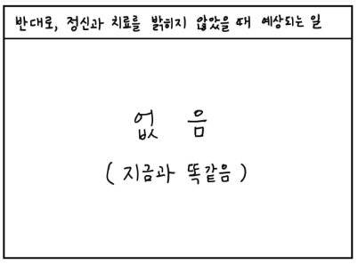 우울증을 앓고 있는 서귤 작가가 병원 치료를 두고 고민했던 내용을 다룬 만화 내용. [그림 판타스틱 우울백서(서귤)]