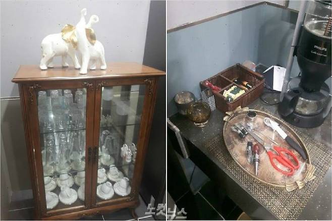 VIP 대기실 한 켠에 설치된 샤워실 겸 분장실 책상 위에 와인따개, 진공마개(사진 오른쪽)가, 찬장에는 찻잔과 양주잔, 와인잔이 정렬돼 있다.(사진 = 반웅규 기자)