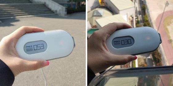 서울 서대문구 대현동의 14층 높이 빌딩 1층부터 7층까지 초미세먼지(PM 2.5) 평균은 54㎍, 8층부터 14층까지는 42㎍이었다. 같은 시간 서대문구 대현동 도시대기측정소에서 관측된 미세먼지 농도는 32㎍이었다. 박해리 기자