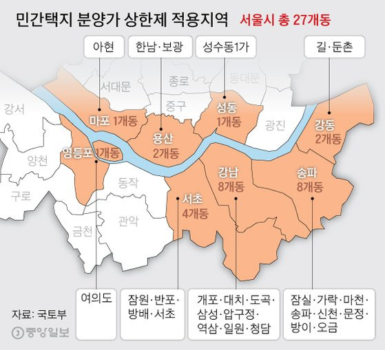 민간택지 분양가 상한제 적용지역. 그래픽=김주원 기자 zoom@joongang.co.kr