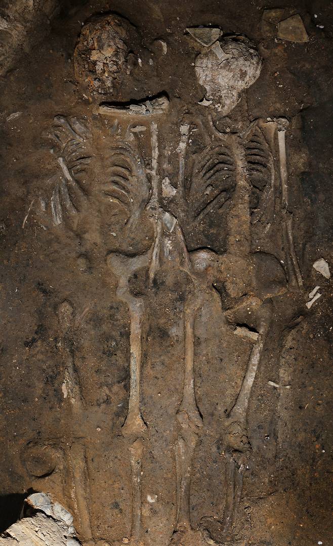 월성 성벽에서 발굴된 신라인 남녀 유골.