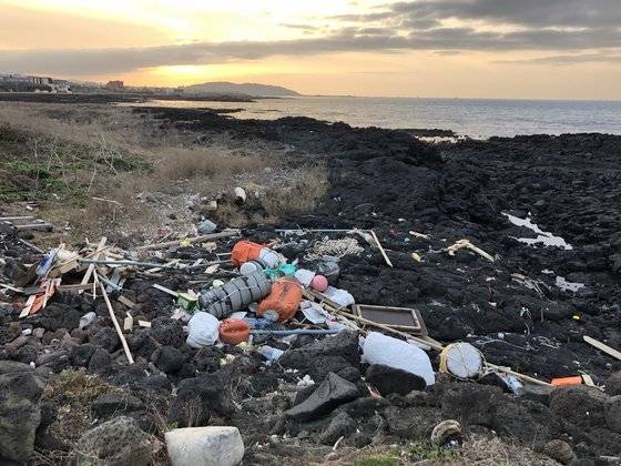 지난 7월 동복해안도로의 모습. 해안가로 떠밀려온 쓰레기들. [사진 세이브제주바다]