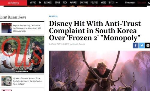 한국내 겨울왕국2 스크린 독점 논란 보도한 할리우드리포터 [할리우드리포터 홈페이지 캡처]