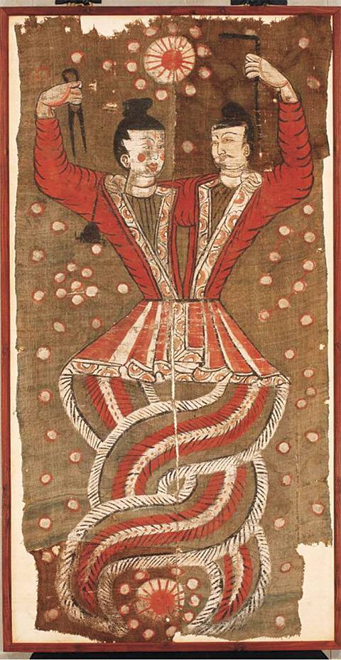 고조선 첫 이주민 태호족의 족장(왕) 복희와 여와의 상징 벽화.