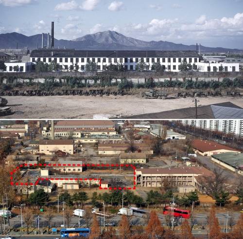 한국전쟁 때 폭격 맞은 조병창 건물 (인천=연합뉴스) 윤태현 기자 = 인천시 부평구 부평미군기지 '캠프마켓' 내에 한국전쟁 때 폭격을 맞아 2개 동으로 갈라진 건물(아래쪽)이 서 있다. 위쪽 사진은 1948년 당시 이 건물의 모습. 이 건물은 조병창 본부 건물로 사용됐던 것으로 알려졌으나 실제로는 병원 등 다른 용도로 사용됐을 가능성이 큰 것으로 파악됐다. 빨간 점선은 폭격으로 사라진 건물 부분. 2019.12.9 [주한미군 출신 노르브 파예씨 제공. 재판매 및 DB 금지]