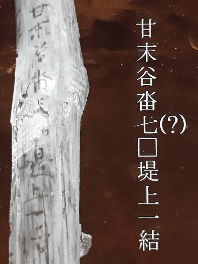 적외선 사진으로 포착한 출토 목간 에이(A)면의 세부.