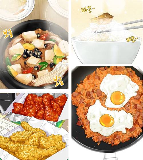 네이버웹툰 ‘정순애식당’에서 주인공 김대리는 된장찌개를 먹고 잃었던 입맛을 되찾기 시작한다(왼쪽 위). ‘공복의 저녁식사’에 
나오는 양념, 프라이드 치킨(왼쪽 아래). ‘정순애 식당’ 속 갓 구운 고등어(오른쪽 위). ‘백수세끼’에서 주인공은 김치볶음밥을 먹으며 추억에 잠겨 눈물을 흘린다(오른쪽 아래). 네이버웹툰 제공