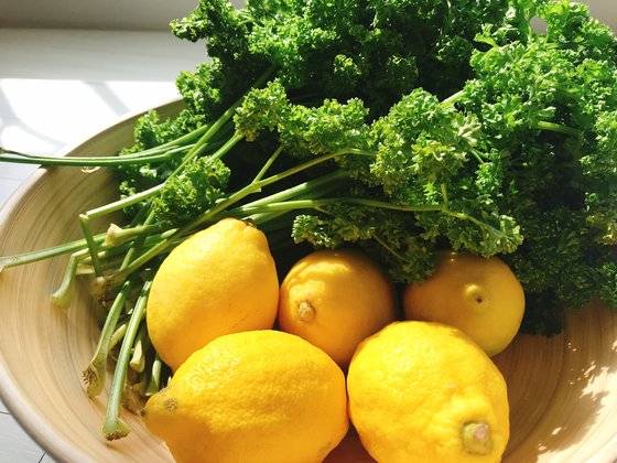 '5일만 주스'의 재료. 파슬리 60g, 레몬 1개, 물 1컵을 갈아 마시면 된다. 윤경희 기자