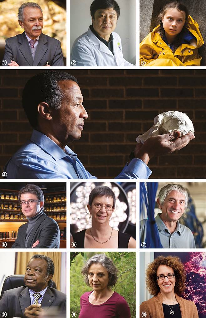 국제학술지 네이처가 선정한 올해의 10대 과학 인물. ①히카르두 가우방 전 브라질 국립우주연구소장 ②홍퀴 덩 중국 베이징대 교수 ③스웨덴 10대 환경운동가 그레타 툰베리 ④380만년 전 인류 조상의 두개골을 들고 있는 미국 클리블랜드 자연사박물관 요하네스 하일레-셀라시에 박사 ⑤미국 예일대 의대 네나드 세스탄 교수 ⑥호주 매쿼리대 웬디 로저스 교수 ⑦미국 UC샌타바버라 존 마르티니스 교수 ⑧콩고민주공화국 국립생의학연구소 장자크 무엠베 탐품 사무총장 ⑨아르헨티나 국립 코르도바대 산드라 디아즈 교수 ⑩캐나다 맥길대 빅토리아 카스피 교수. /네이처