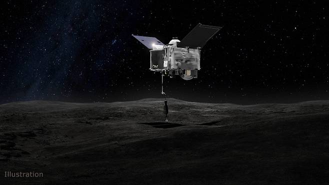 소행성 ‘베누’에 접근하는 탐사선 ‘오시리스’ 상상도. 표면에서 채취한 암석을 싣고 2023년 지구로 귀환할 예정이다.  미국항공우주국(NASA) 제공