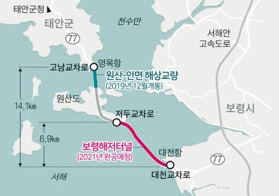 국도 77호선 충남 보령시 오천면 원산도와 태안군 고남면 영목항(안면도)을 잇는 해상교량인 원산안면대교가 26일 오후 4시를 기해 공식 개통한다. [사진 충남도]