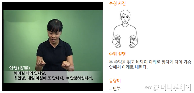 '안녕'을 한국수어로 표현하는 법. /사진=국립국어원 한국수어사전 홈페이지 캡처