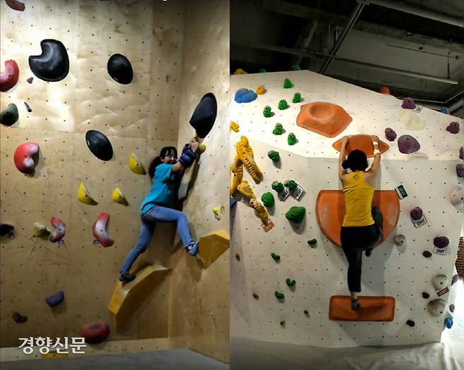 직장인 탁슬씨가 클라이밍 암장에서 볼더링 문제를 풀고 있다. 정해진 홀더에 정해진 발을 올려 위로 올라가는 이 운동이 재미 있는 이유는 자신의 몸에 맞는 해결책을 찾아가는데 몰입할 수 있기 때문이다. 출처 | 유튜브 ‘클라이밍 다이어리_Climbing Diary’ 화면 캡처