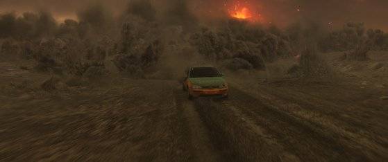 영화 '백두산'에서 화산 폭발로부터 도망치는 자동차 액션 장면이다. 산지가 보이는 지형에서 실제 자동차로 촬영 후 VFX를 입혀 완성했다. [사진 CJ엔터테인먼트·덱스터스튜디오]