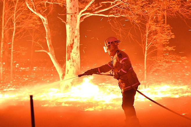 31일(현지시간) 호주 뉴사우스웨일스 주 노브라 시 인근에서 소방관이 산불을 진화하고 있다. [AFP=연합뉴스]