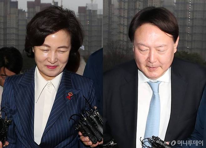 추미애 법무부 장관(사진 왼쪽)과 윤석열 검찰총장이 상견례를 위해 지난 7일 오후 경기 정부과천청사 법무부에 각각 들어서고 있다. /사진=과천(경기)=이기범 기자 leekb@