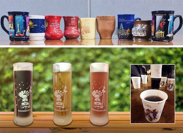 필자가 독일의 크리스마스마켓을 돌며 모아온 여러 도시의 글뤼바인 잔(위). 젊은이가 많은 베를린 크리스마스마켓의 레드, 화이트, 로제 글뤼바인을 담은 투명한 와인 잔들과 글뤼바인을 담은 종이컵(아래). 김성실 제공