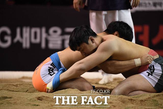 2020 홍성설날장사씨름대회가 23일 오전 충청남도 홍성군 홍주문화체육센터에서 열린 가운데 금강장사(90kg 이하) 예선전 중 선수들이 샅바 싸움을 치열히 펼치고 있다. /홍성=임세준 기자