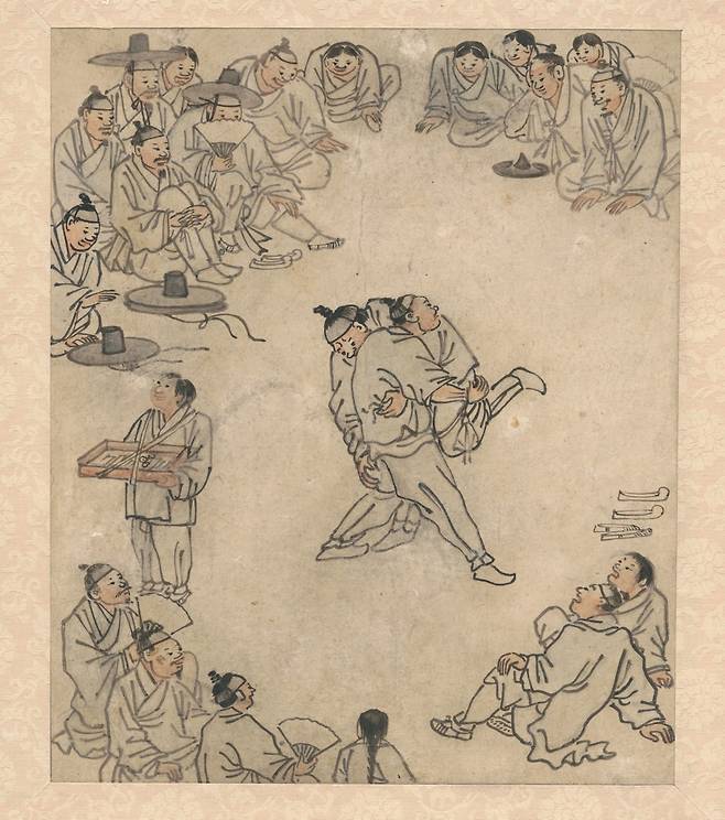 A painting by Joseon-era artist Kim Hong-do depicts ssireum. (National Museum of Korea)