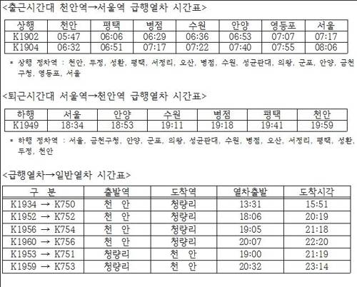 급행열차 변경 주요 역 시간표 [한국철도 제공]