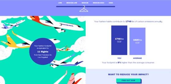 12가지 질문에 답변하면 계산되는 내 옷장의 탄소 발자국. 1년에 약 792kg의 탄소를 공기 중에 배출하고 있었다. [사진 쓰레드업 홈페이지 캡춰]