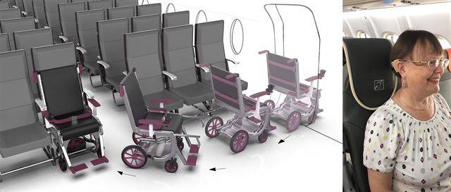 아일랜드 디자이너인 시애라 크로포드는 장애인을 위한 항공기 전용 좌석 휠체어(왼쪽 사진)를, 소형 항공기 제조사 ATR은 보청기가 들어 있는 좌석(오른쪽 사진)을 디자인했다. CCA협회 제공