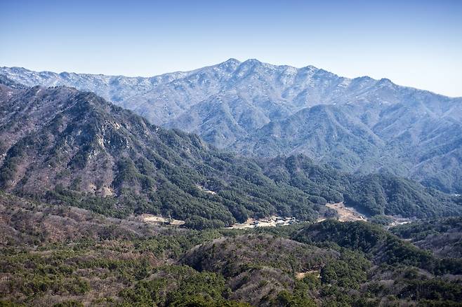 중앙에 살짝 솟은 봉우리가 백덕산 정상이며, 좌우로 긴 능선 왼쪽으로 사자산 봉우리가 있다. 왼쪽 사자산 능선으로 보이는 절벽 아래 나무가 움푹 패인 곳에 법흥사가 있다.