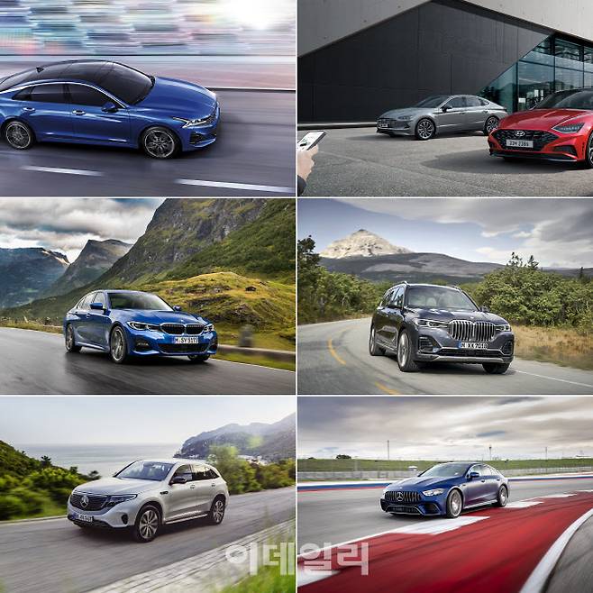 기아차 K5(2020 올해의 차·올해의 디자인), 현대 디지털 키(올해의 이노베이션), BMW 뉴 3시리즈(올해의 수입차), BMW 뉴 X7 차지(올해의 SUV), 더 뉴 메르세데스-벤츠 EQC(올해의 그린카), 더 뉴 메르세데스-AMG GT 4도어 쿠페(올해의 퍼포먼스)(사진=한국자동차기자협회)