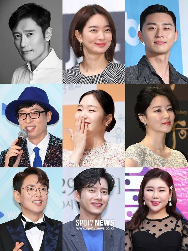 ▲ 사진 왼쪽 위부터 아래로 이병헌, 신민아, 박서준, 유재석, 김고은, 이영애, 장성규, 박해진, 송가인 ⓒ한희재 기자, 곽혜미 기자, BH엔터테인먼트