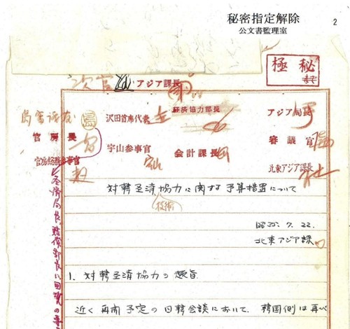 비밀해제된 한-일 회담 관련 1960년 7월 작성 일본 외무성 문서의 일부.