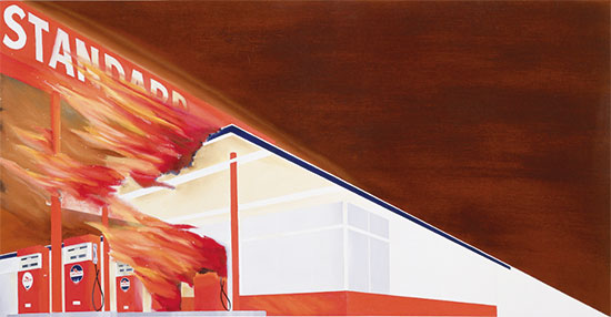 ‘불타는 주유소(Burning Gas Station, 1965~1966년)’. 주유소 연작 가운데 가장 충격적인 이미지로 구상과 추상, 전통 회화 기법과 주유소라는 일상적인 소재 등 여러 가지 대조적인 요소들로 1960년대 LA의 모습을 담아낸 걸작으로 평가된다.