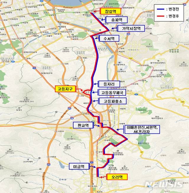 101번 시내버스 노선도(오리역~고등지구~잠실역).