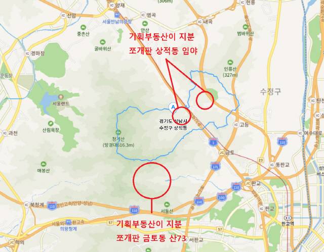 11일부터 공유지분 기획부동산 봉쇄 목적으로 토지거래허가구역으로 전격 지정되는 상적동 전체 구역과 앞서 기획부동산이 판매한 금토동·상적동의 임야 위치./출처=네이버지도