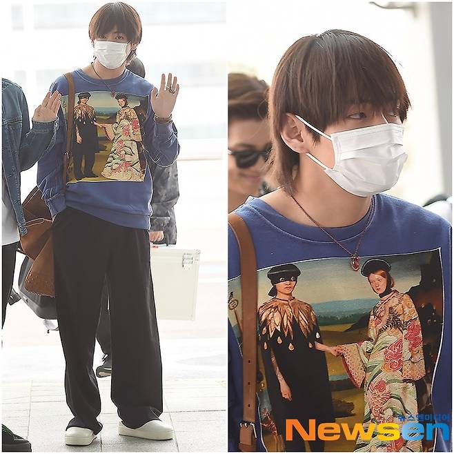 2018년 5월 14일 인천공항 출국. 명화를 티셔츠에 새기고 나온듯한 뷔.