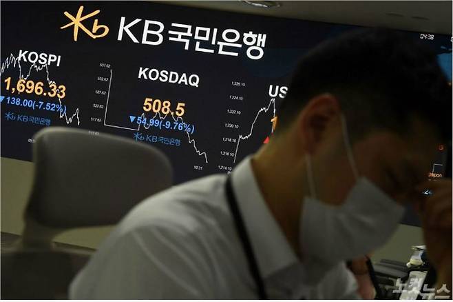 코로나19의 팬데믹 선언으로 세계 증시가 동반폭락한 가운데 13일 오전 서울 여의도 KB국민은행 딜링룸에서 딜러들이 업무를 보고 있다. 코스피와 코스닥 지수는 이날 개장 직후부터 동반 폭락장을 연출하면서 각각 사이드카와 서킷브레이커가 발동됐다. (사진=황진환 기자)
