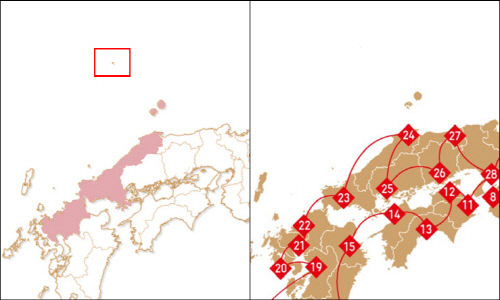 기존 홈페이지 일본 지도에 독도를 표기한 모습(좌), 일본 지도가 바뀌면서 육안으로는 보이지 않는 독도(우)