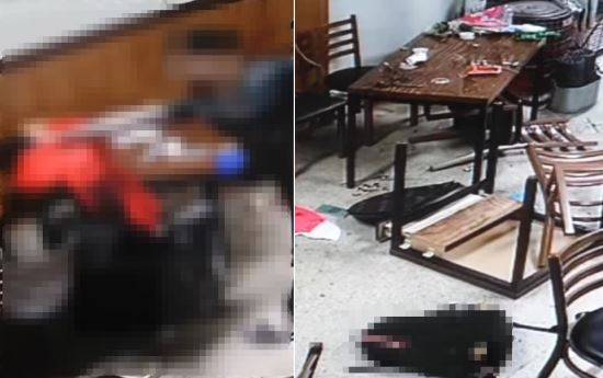 유튜버 김재석씨가 지난 11일 자신의 어머니가 운영하는 식당에서 중학교 동창에게 무차별 폭행을 당하고 있다. 오른쪽 사진은 폭행 사건으로 인해 아수라장이 된 식당 내부. 유튜브 '정배우' 채널 캡처