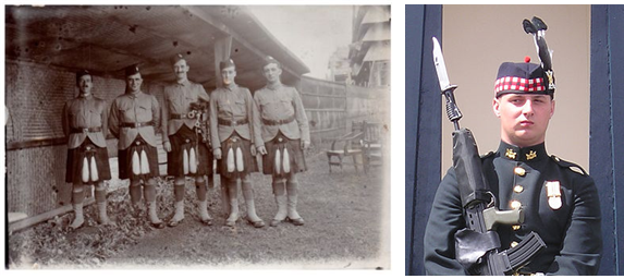 제1차 세계대전 당시 글렝개리를 끄고 있는 스코틀랜드 군인의 모습(좌). 글렝개리는 지금도 왕실 스코틀랜드 연대 제식 복장으로 유효하다. /출처= ⓒ위키피디아미디어커먼스